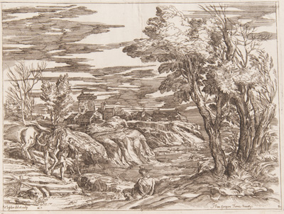 Titian etching from 1682 Landscape, boy leading horse to water, town in background